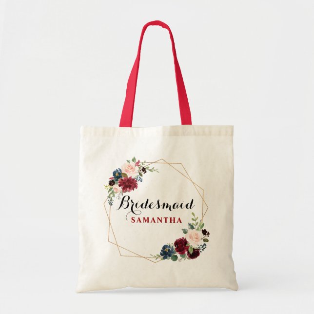Bolso De Tela Burgundy Red acuarela Floral Bridesmaid regalo (Frente)