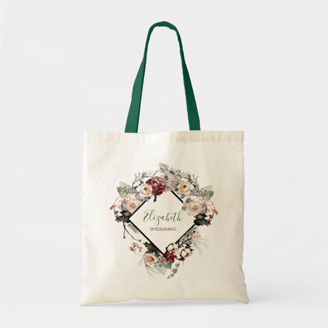 Bolso De Tela Burgundy Rose Nupcial con Nombre (Frente)