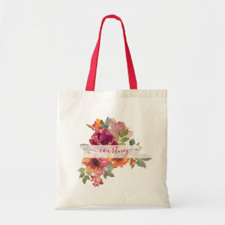 Bolso De Tela Burgundy y naranja acuarela floral personalizada