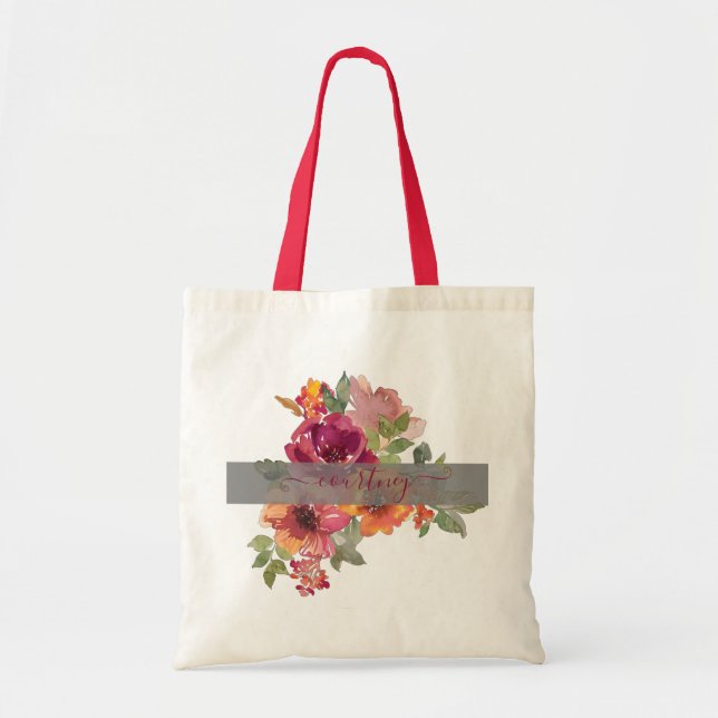 Bolso De Tela Burgundy y naranja acuarela floral personalizada (Frente)