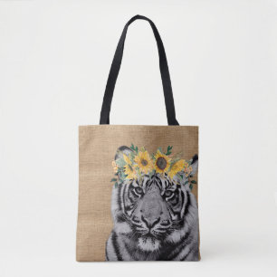 Bolso De Tela Burlap Tiger Black White Sunflower Flower Crown