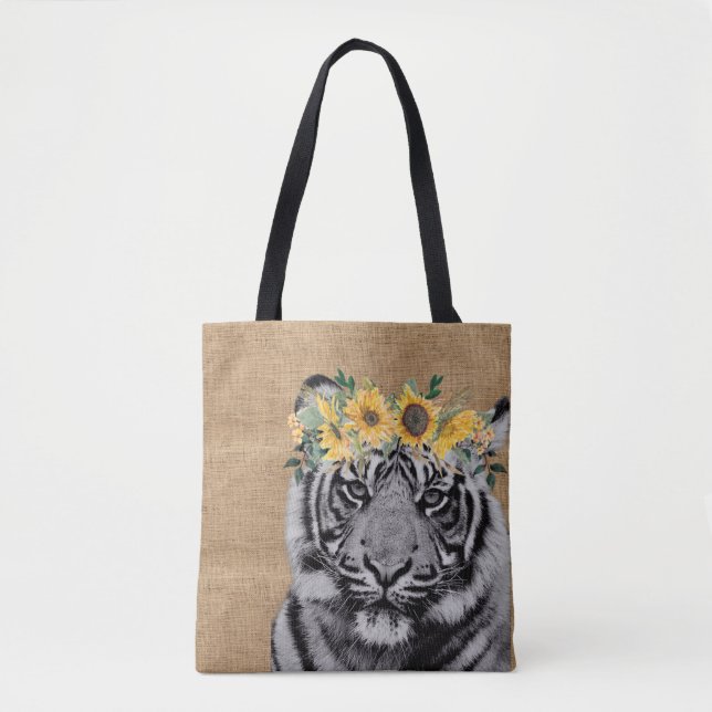 Bolso De Tela Burlap Tiger Black White Sunflower Flower Crown (Anverso)