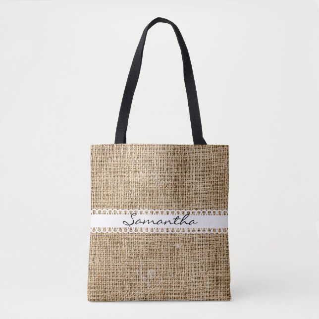 Bolso De Tela Burlap y Lacey Ribbon Design Tote Bag (Anverso)