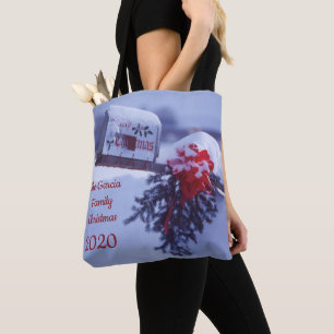 Bolso De Tela Buzón de nieve, masa de pino, arco rojo, bayas Fam