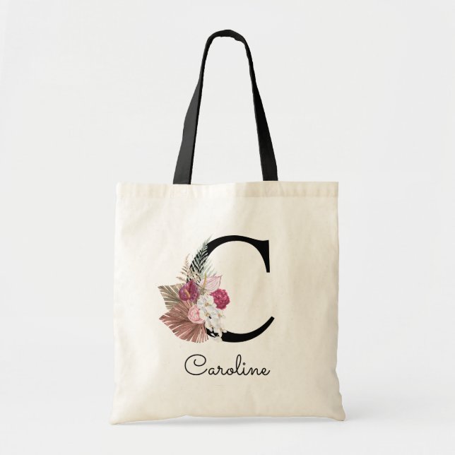 Bolso De Tela C inicial floral boho rosa moderno (Frente)