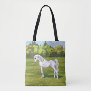 Bolso De Tela Caballo árabe egipcio blanco en pastura de verano