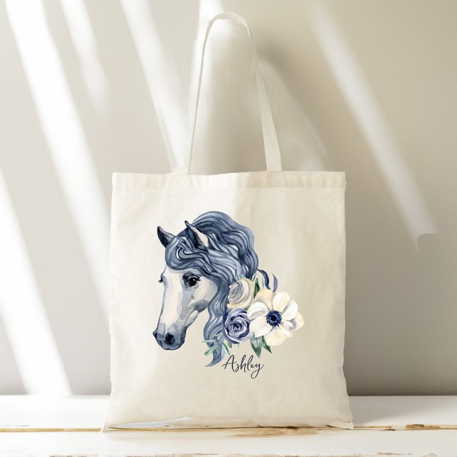 Bolso De Tela Caballo azul gris con flores nombre personalizado (Grey blue horse with flowers personalized name tote bag)