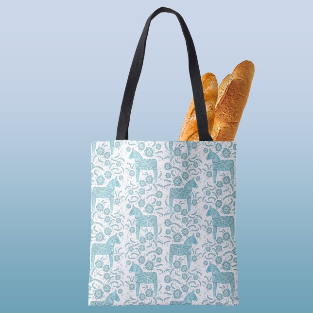 Bolso De Tela Caballo de dala sueco arte popular tradicional ver (Swedish Dala Horse folk art teal green and white pattern tote bag)