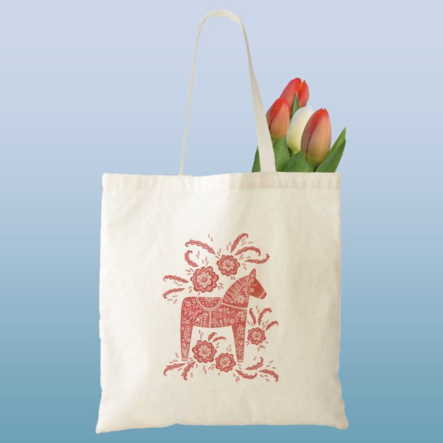 Bolso De Tela Caballo de dala sueco rojo y blanco (Red and white Swedish Dala Horse folk art tote bag)