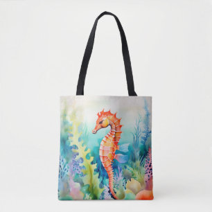Bolso De Tela Caballo de mar delgado con acuarela de arrecife de