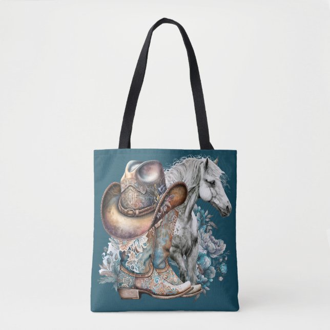 Bolso De Tela Caballo de vaca botas de vaquero gorra floral occi (Anverso)