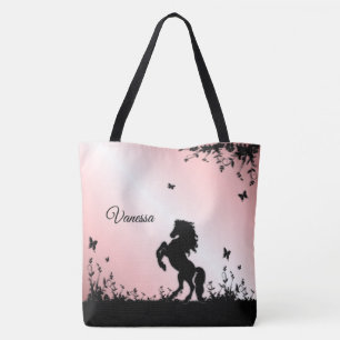 Bolso De Tela Caballo Negro Alzándose con Nombre en Rosa