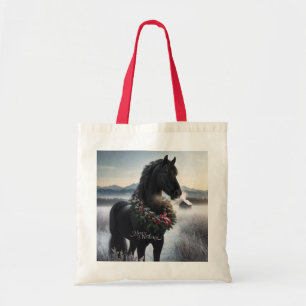 Bolso De Tela Caballo negro en la nieve con corona de Navidad