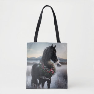 Bolso De Tela Caballo negro en la nieve con corona de Navidades