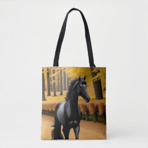 Bolso De Tela Caballo negro en un pintoresco camino forestal oto