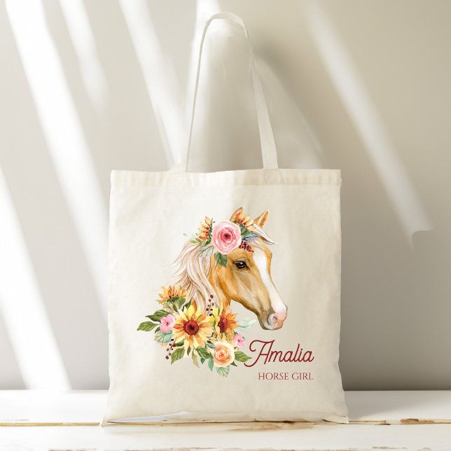 Bolso De Tela Caballo Palomino caballo con girasol personalizado (Horse girl Palomino horse with sunflowers customized name Tote Bag gifts for her horse lovers gifts)