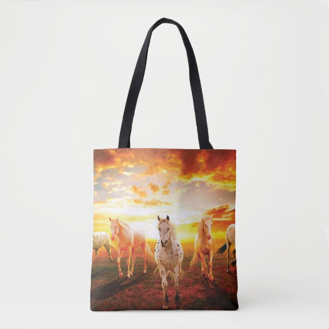 Bolso De Tela Caballos al atardecer lanzando almohada (Anverso)