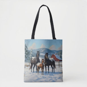 Bolso De Tela Caballos Appaloosa negros en una granja en inviern