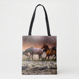 Bolso De Tela Caballos corriendo en el Océano al atardecer