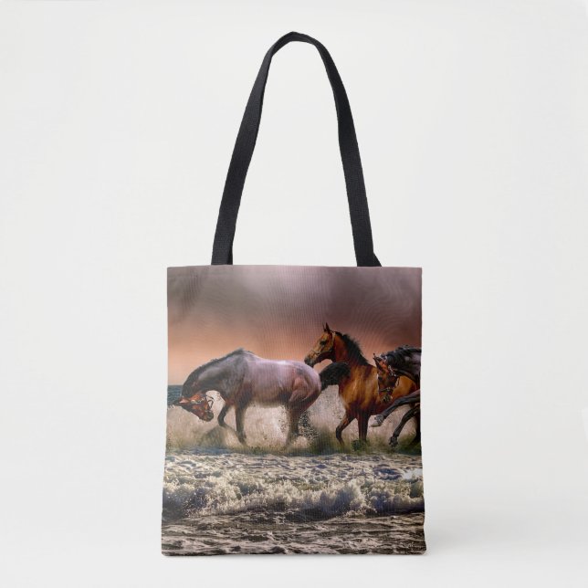 Bolso De Tela Caballos corriendo en el Océano al atardecer (Anverso)