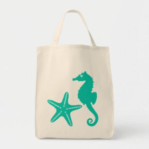 Bolso De Tela Caballos de mar y pez estrella, turquesa y aqua