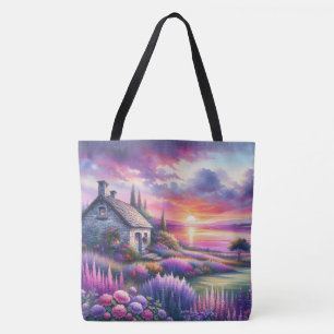 Bolso De Tela Cabaña Atardecer Pastel Jardín junto al Lago Paisa
