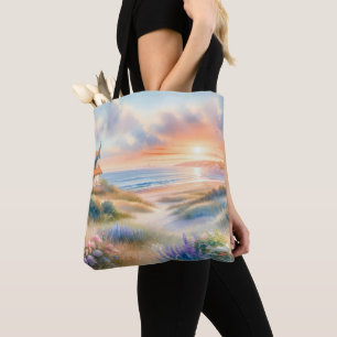 Bolso De Tela Cabaña Costera Atardecer Dunas Acuarela