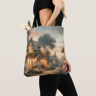 Bolso De Tela Cabaña de cuento de hadas al atardecer con Rosas