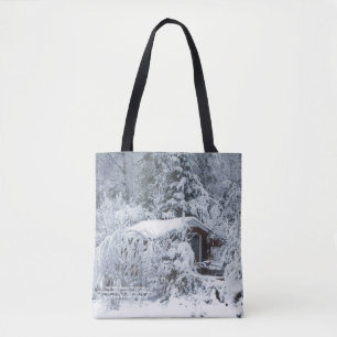 Bolso De Tela Cabaña nevada en los jardines