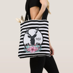 Bolso De Tela Cabeza de ciervo con flores rosadas Monograma y Mo