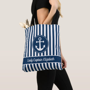 Bolso De Tela Cable de Ancla Náutica Rayas Azul Marino Personali