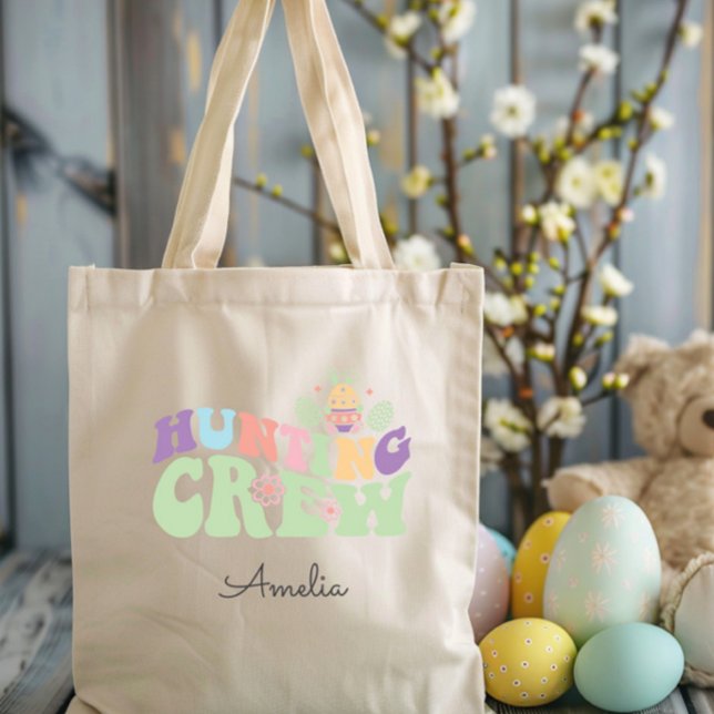 Bolso De Tela Cacería de huevos de pascua de la tripulación de c (Cute Colorful Hunting Crew Easter Egg Hunt Tote Bag, Personalized with Name, Pastel Retro Fun)