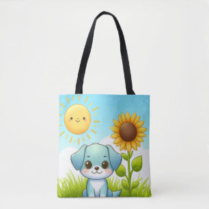 Bolso De Tela Cachorro adorable con girasol y sol sonriente