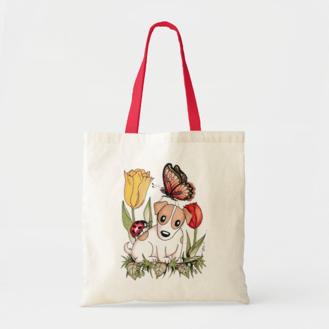 Bolso De Tela Cachorro con mariposa, insecto de labio y tulipane (Frente)