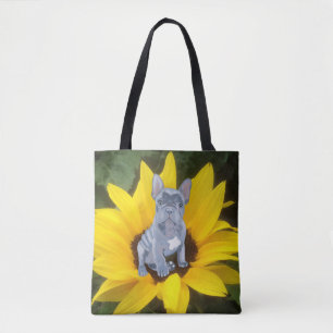Bolso De Tela Cachorro de Bulldog azul gris francés y girasol