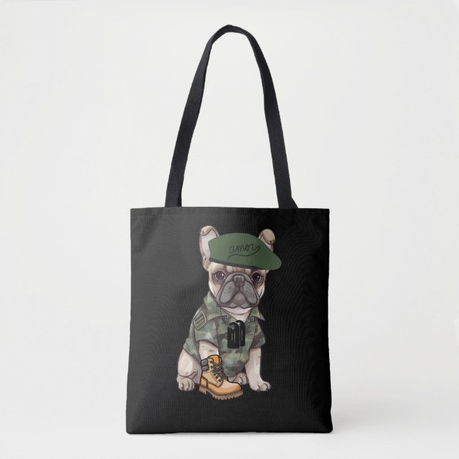 Bolso De Tela Cachorro de Bulldog francés con traje de camo y Be (Anverso)