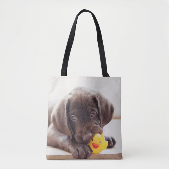 Bolso De Tela Cachorro de chocolate con pato de juguete (Anverso)