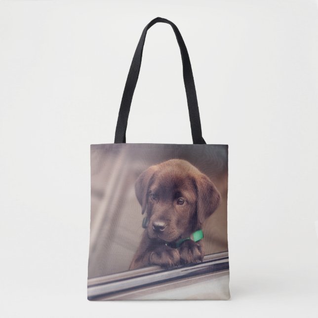 Bolso De Tela Cachorro De Chocolate En Coche (Anverso)
