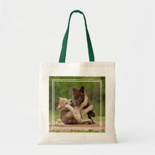 Bolso De Tela Cachorros de Lobo Gris Luchando