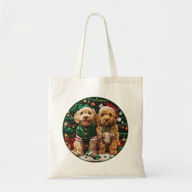 Bolso De Tela Cachorros Goldendoodle de Navidad (Frente)