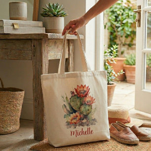 Bolso De Tela Cactus de Flor Anaranjada/Roja con Nombre
