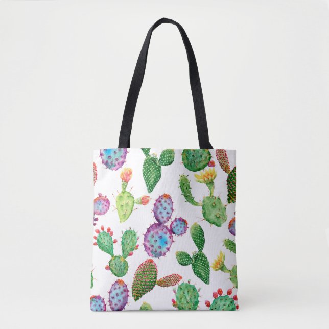 Bolso De Tela Cactus tropical pintado a mano con acuarela. Sin i (Anverso)