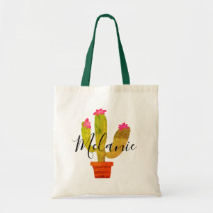 Bolso De Tela Cactus verdes con flores rosas nombre personalizad