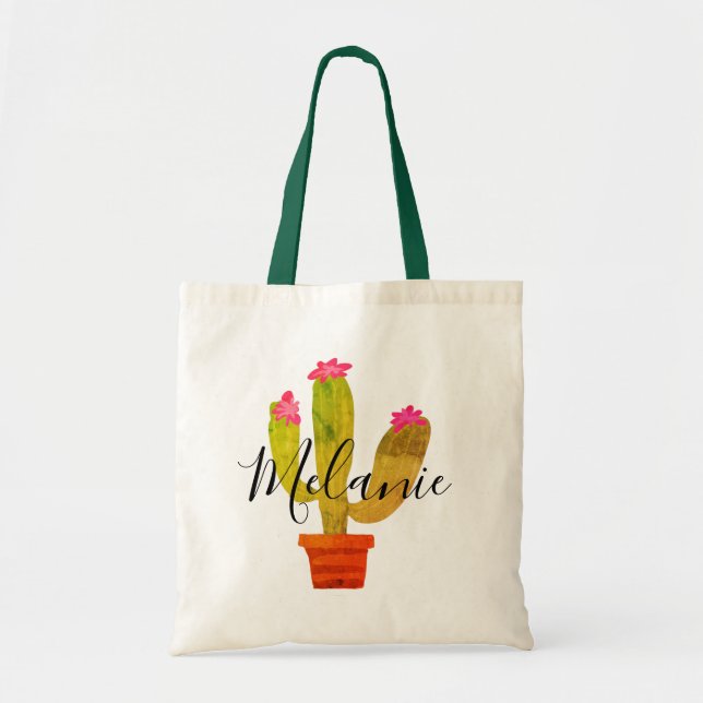Bolso De Tela Cactus verdes con flores rosas nombre personalizad (Frente)