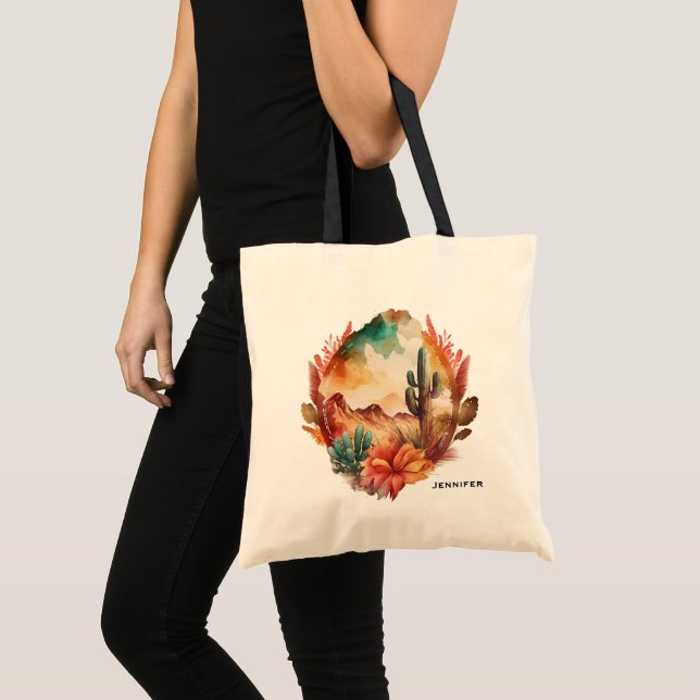 Bolso De Tela Cactus y montañas del desierto acuarela (Anverso (producto))