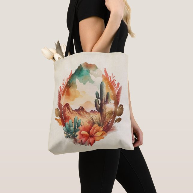 Bolso De Tela Cactus y montañas del desierto acuarela (Detalle)