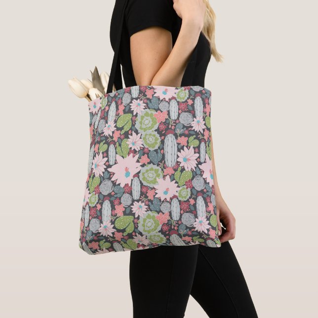 Bolso De Tela Cactus Y Plantas Suculentas Patrón De Rosa Verde (Detalle)