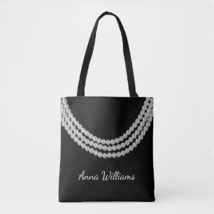 Bolso De Tela cadena de perlas blancas en negro
