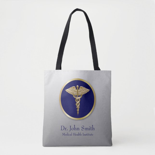 Bolso De Tela Caduceto médico profesional de oro azul (Anverso)