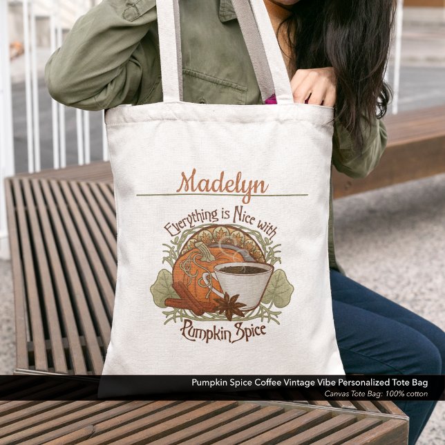 Bolso De Tela Café con especias de calabaza Vibe de cosecha pers (Pumpkin Spice Coffee Vintage Vibe Tote Bag–Custom Tote bag Personalized with Your Name. )